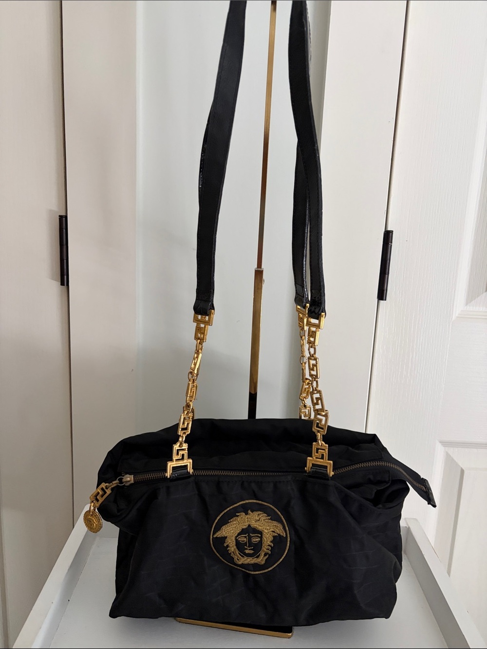 Gianni Versace Black Nylon Shoulder Bag with Gold Medusa Chain - Vintage